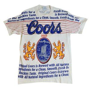 VINTAGE DS COORS T-SHIRT L FRONT AND BACK AOP - BEER LOGO SCRIPT - 1992 90'S
